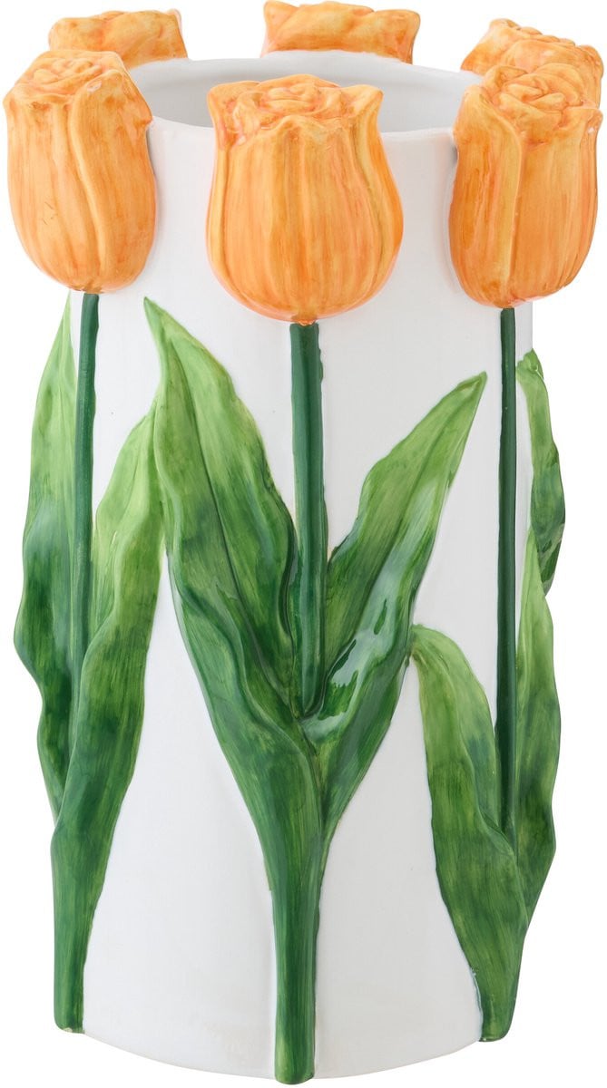 J-Line bloempot Tulp keramiek wit/oranje medium tabletop