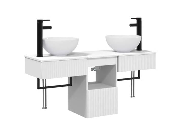 PUGYNBK Badmöbel-Set, 3-teilig, weiß, aus technischem Holz Doppelwaschbecken, 2 Armaturen, geräumiger Schrank, minimalistisches Design, feuchtigkeitsbeständig, einfache Montage