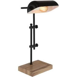 Tischlampe Nachttischleuchte LED Wohnzimmerlampe Beistelllampe Bankerlampe Tischleuchte, Metall MDF schwarz holzoptik, Höhenverstellbar, H 50 cm
