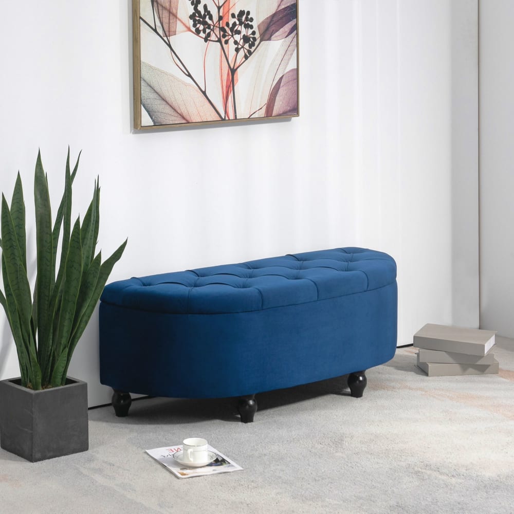 Homcom Pouf de rangement coffre classique capitonné demi-cercle velours bleu Bleu 120x42x46cm