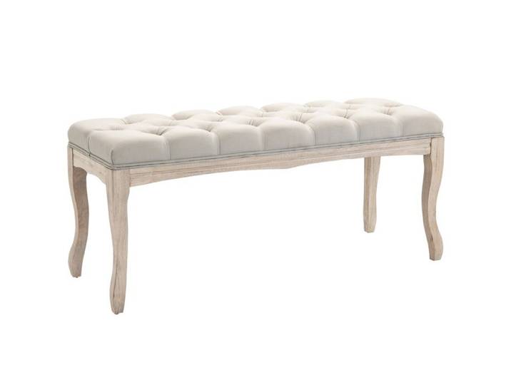 Banc rembourré vintage - 110x40x48 cm - Lin beige - Design capitonné - Pieds en bois courbés - Polyvalent