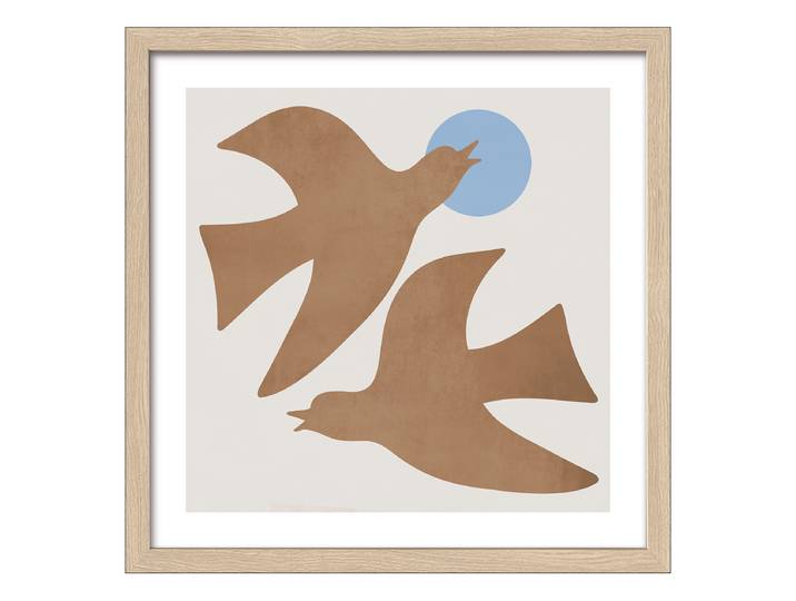 Image en bois Oiseau brun Verre flotté, MDF Bleu/Beige/Marron 33 x 33 x 1cm