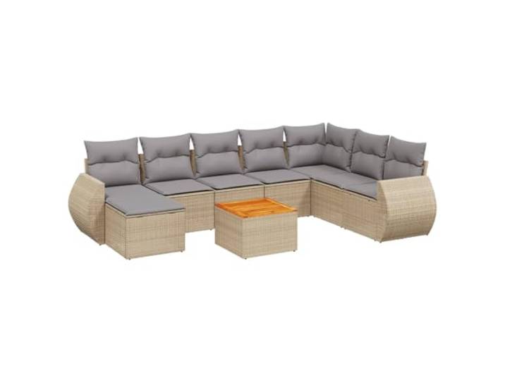 PUGYNBK Sitzgruppe 9-teilig Synthetik Rattan beige Modulares Design, gepolsterte Kissen, wasserdichte Aufbewahrung, Tisch aus Akazienholz