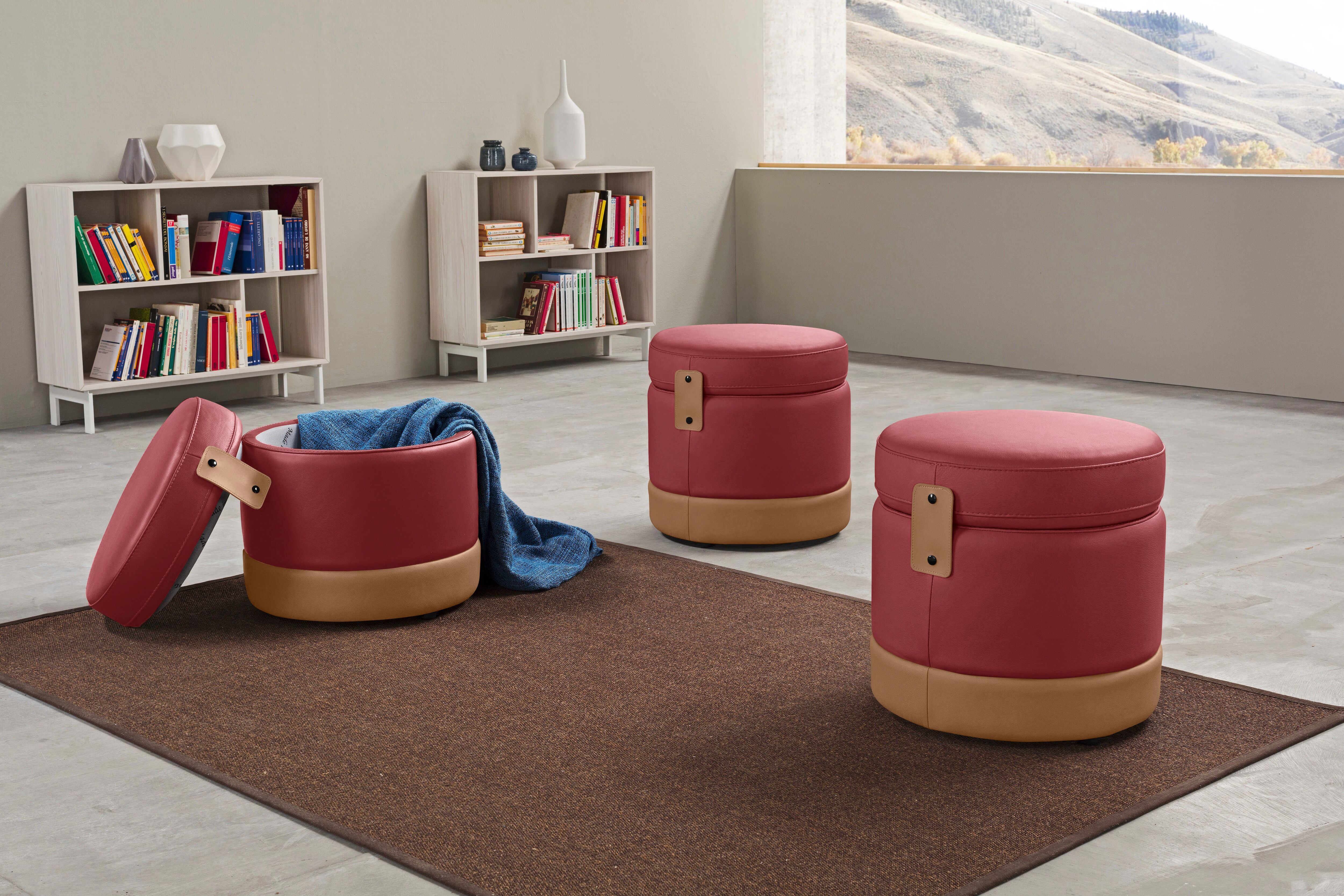 Hocker EGOITALIANO "Tonder, Designhocker als Blickfang mit tollen Details, B/T 50/50cm", rot (kirschrot), B:50cm H:50cm T:50cm, Leder »BULL« (echtes Rindsleder). Geschliffenes, pigmentiertes und behandeltes Rindsleder mit einer Dicke von 1, 3-1, 5 mm. Die