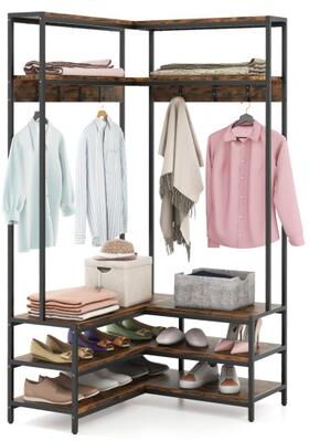Costway Corner Garment Rack with Open Shelves and 7 Hooks Shoe Bench-Rustic Brown