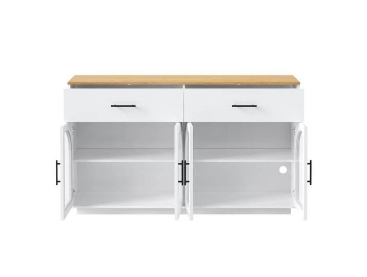 SENVIRO Buffet de cuisine 147 x 40 x 86 cm LED intégrée 2 tiroirs 4 portes vitrées blanc et naturel