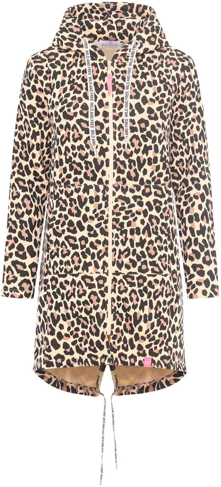 Jerseymantel ZWILLINGSHERZ "Leo Dream", Damen, Gr. L/XL (L/XL), beige, Sweatware, Obermaterial: 50% Baumwolle, 50% Polyester, comfort fit ca. Mitte Oberschenkel, V-Ausschnitt, Mäntel Jerseymantel, mit Allover Leo Look mit Taschen beige L/XL (L/XL)