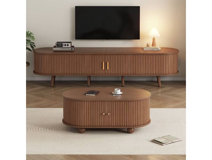 Ensemble meuble TV et table basse couleur noyer design minimaliste avec rangements 170cm