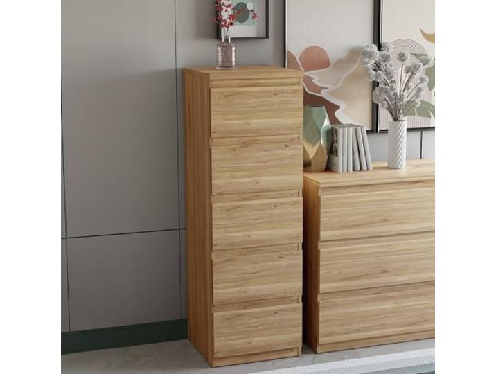FORTE EDMORE Hohe Kommode 40 45 mit 5 Schubladen, Mauvella Eiche Dekor, 41,8 cm breit x 128 cm hoch x 42,2 cm tief