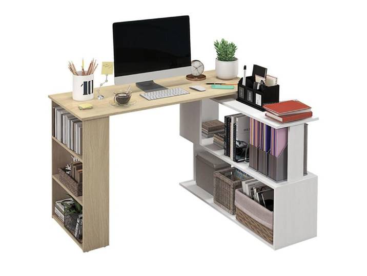 Eckschreibtisch modularer Computertisch mit integriertem Bücherregal und 3-stufigem Ablagefach weiß und naturfarbenes Holz