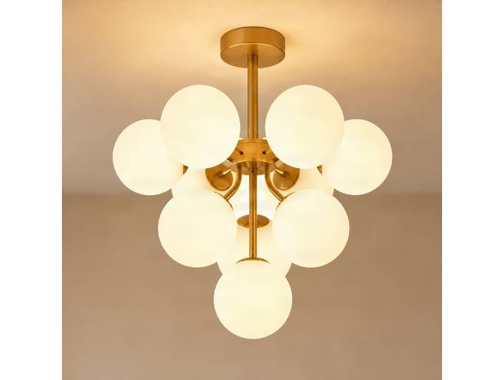 Plafonnier Peyton, à 10 lampes, doré/blanc, verre - Lucande - Salon / séjour - Design - Multi-ampoules