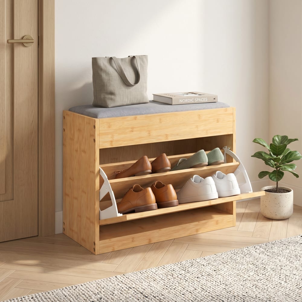 Homcom Banc à chaussures porte en rotin bambou bois naturel Beige 63x48x29cm