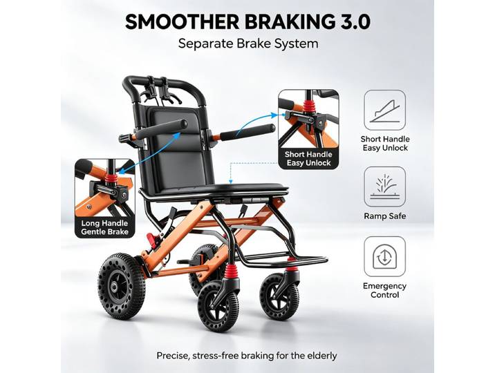 Fauteuil roulant de voyage orange, Largeur d'assise 40 cm, Roue avant 6 pouces, Roue arrière 8 pouces, Adapté aux personnes âgées fauteuil roulant manuel pliable portable