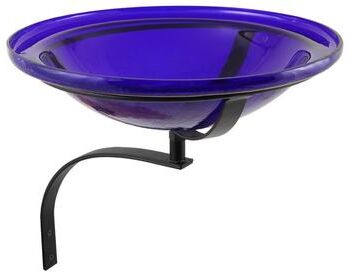 Achla Designs Reflective Crackle Glass Birdbath Bowl With Wall Mount Bracket, 12.5 Inch Diameter, Cobalt Blue