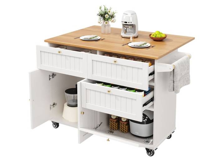 VLIVRA Desserte de cuisine avec porte abattante roulettes et pieds réglables - pour cuisine - en MDF - blanc