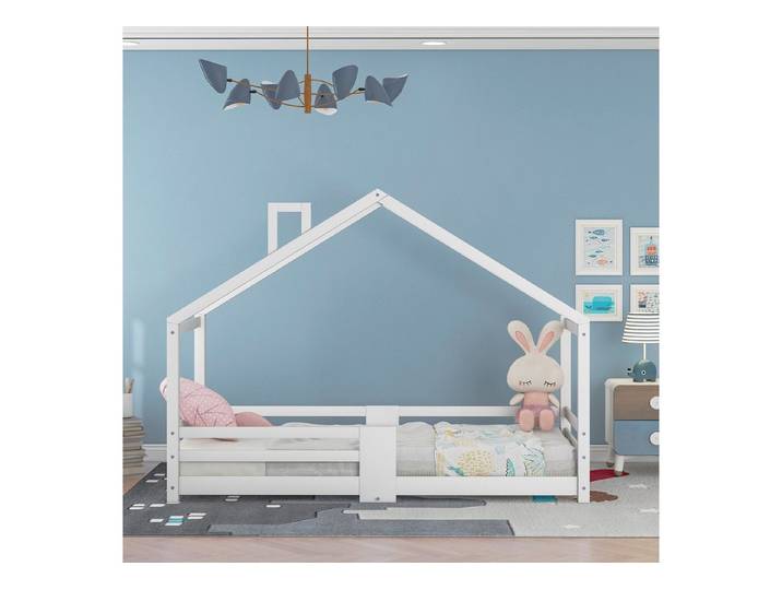 IDEASY Kinderbett Jugendbett, Rausfallschutz Robuste Lattenroste, (90 x 200 cm ohne Matratze, Grau/Weiß,Kiefernholz +MD), Leicht zusammenzubauen