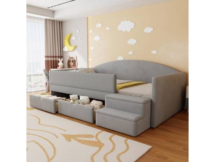 Bellemave Polster-Sofabett 90x190,Kinderbett mit 2 Schubladen & Stufen,Grau Weicher Samtbezug,robuster Lattenrost,gepolsterter Schutzzaun,rutschfeste Stufen,belastbar bis 200 kg,ohne Matratze