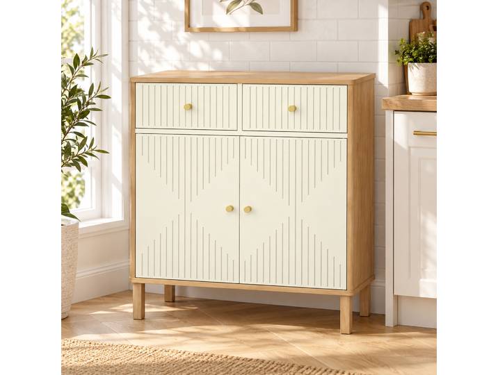HOMCOM Buffet Cannelé 2 Portes 2 Tiroirs 77x30x80cm Crème