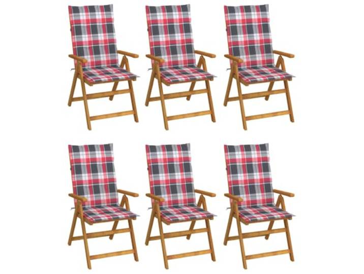 Coespram 6er Set Gartenstühle Klappbar mit Auflagen Massivholz Verstellbare Hochlehner Klappstühle aus Akazienholz mit rot karierten Sitzauflagen für Terrasse und Balkon.