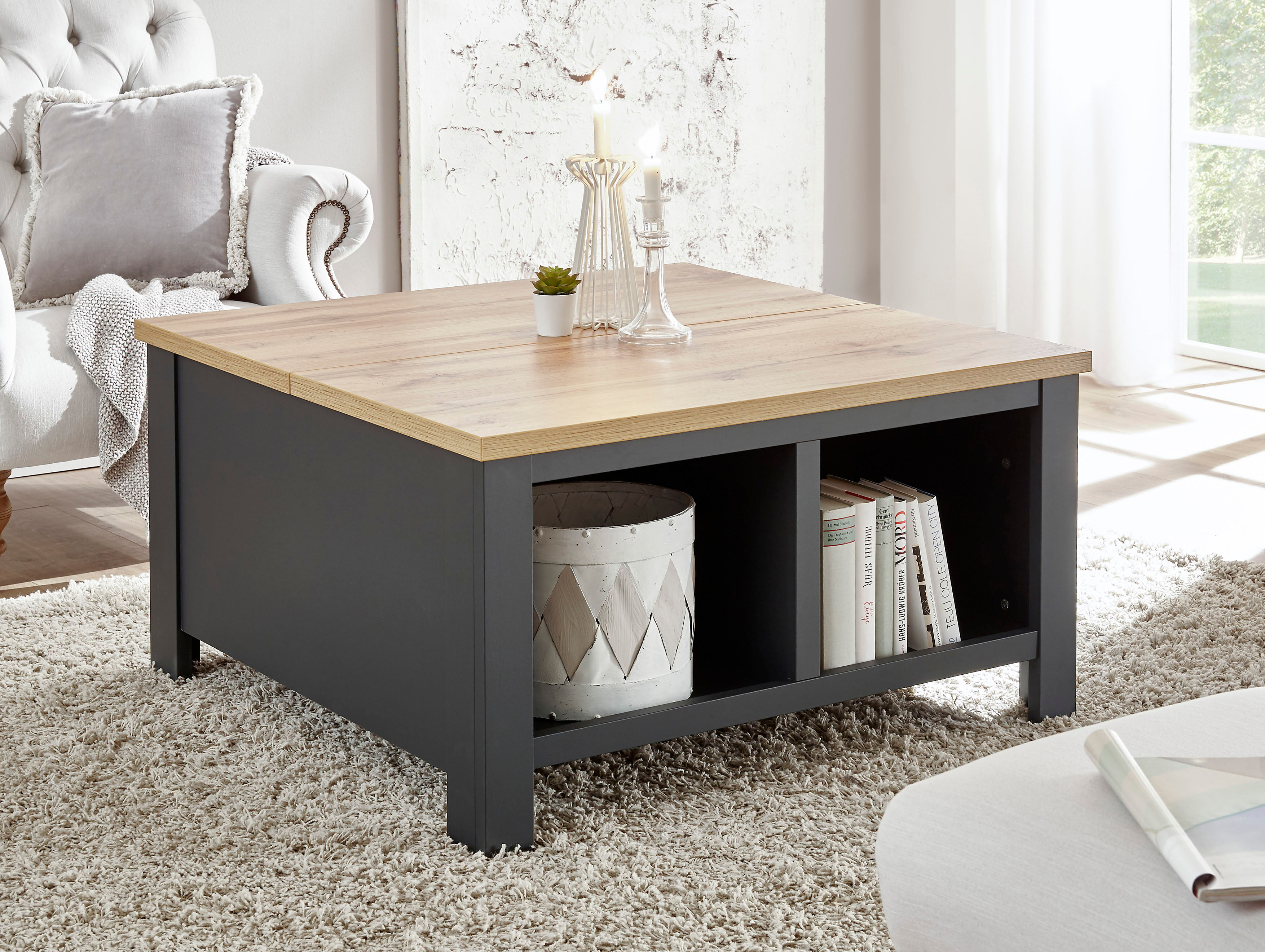 Couchtisch GOODPRODUCT "Westminster, Beistelltisch, Wohnzimmertisch, Sofatisch, Tisch", grau (dunkelgrau, wotan eiche, dunkelgrau, wotan eiche), B:93cm H:50cm T:93cm, Intasien verschiedene Furniere, Tische, Couchtisch, Metallgriffe, ausreichend Stauraum, 
