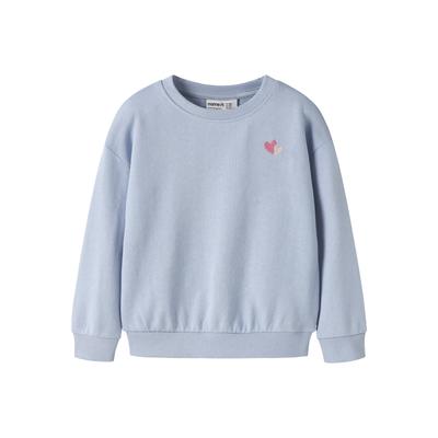 Sweatshirt NAME IT "NMFVALLENE LS RLX SWEAT UNB", Mädchen, Gr. 110, blau (subdued blau print:hearts), Sweatware, Obermaterial: 60% Baumwolle, 40% Polyester, bestickt, relaxed fit normal, Rundhals, Rippbündchen, Sweatshirts Sweatshirt,...