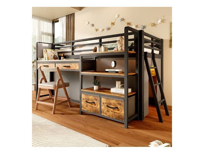 Flieks Hochbett Metallbett Kinderbett 90x200cm mit Schreibtisch, Regal, LED-Licht
