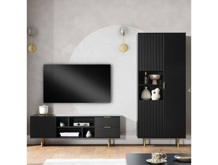 Wohnmöbel Set Wohnwand matt schwarz 3-teilig modern 1 Lowboard, 1 Vitrine