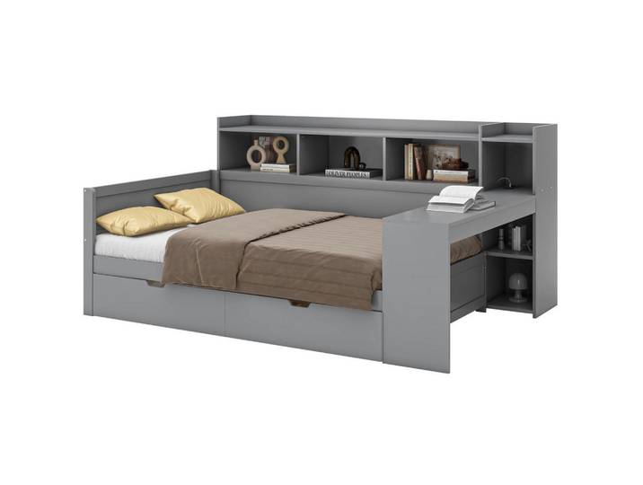 Okwish Multifunktionsbett 90/200 cm mit Nachttischablage Schreibtisch und USB-Anschluss Grau, 90x200 cm, Schlafzimmer, Betten