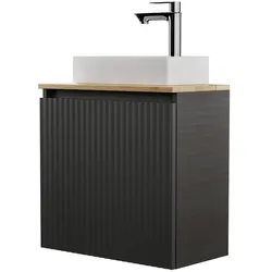 Planetmöbel Badmöbel-Set 56 cm - Anthrazit - Mit Keramikwaschbecken, Armatur und Ablaufgarnitur in Schwarz - Soft-Close