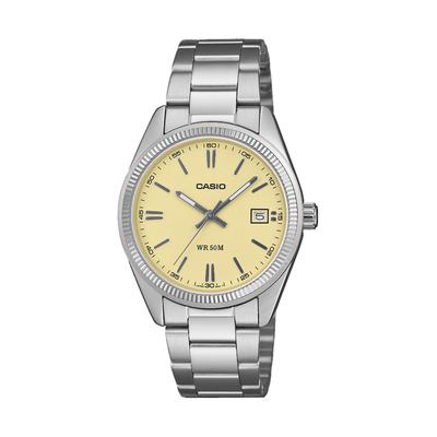 Quarzuhr, silber (edelstahlfarben, gelb, gelb), CASIO TIMELESS COLLECTION, Armbanduhren, Herren, silberfarben, Quarzuhr, Armbanduhr, Damenuhr, Herrenuhr, Edelstahlarmband, analog, Tag