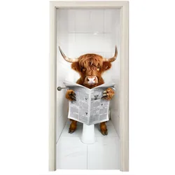 TÜRAUFKLEBER Scottish Highlander - Zeitung - WC - Tier Fototapete selbstklebend 80x205 cm - Türtapete