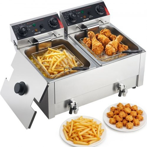 VEVOR Professionele Elektrische Dubbele Frituurpan, 14 Liter, 5000W, Roestvrijstaal, Zilver