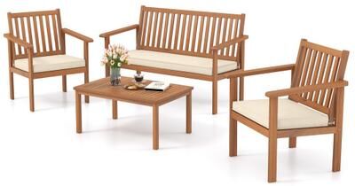 Costway 4 Piece Patio Wood Furniture Set Acacia Wood Sofa Set with Loveseat-Off White