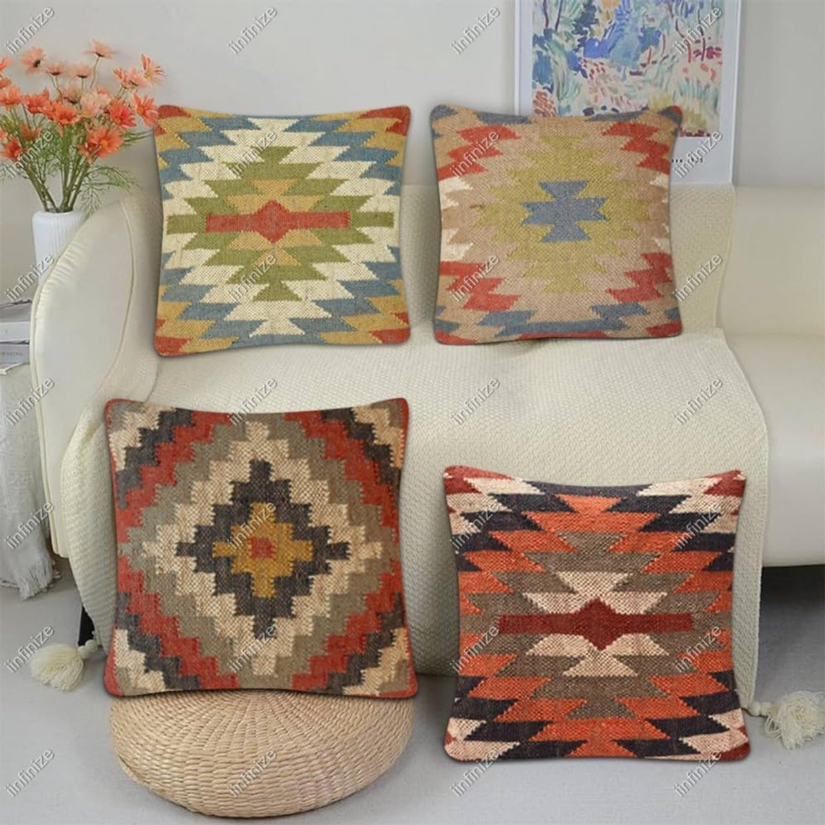 Handgeweven Kelim Design Kussenhoes van Wol en Jute, 45 x 45 cm