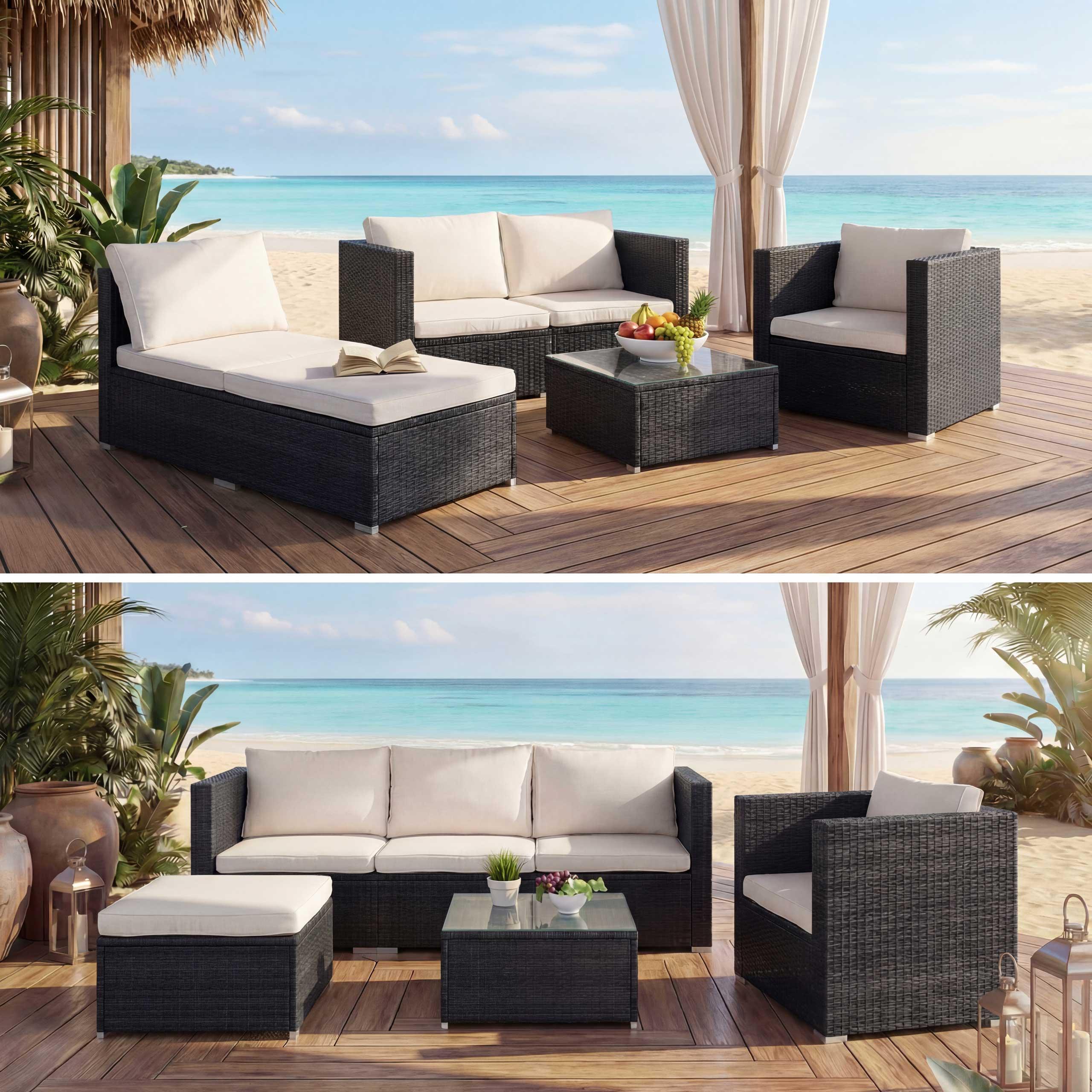 Poly-Rattan-Garnitur Brescia, Gartengarnitur Sitzgruppe Sofa Lounge-Set - schwarz, Kissen creme