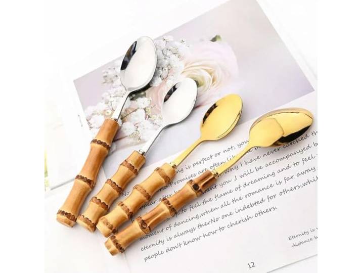 6/24-teiliges Silberbesteck-Set mit rein natürlichem Bambusgriff, Geschirr-Set, Messer, Löffel, Gabel, Besteck, Edelstahl-Geschirr-Set, 24-teilig, Gold