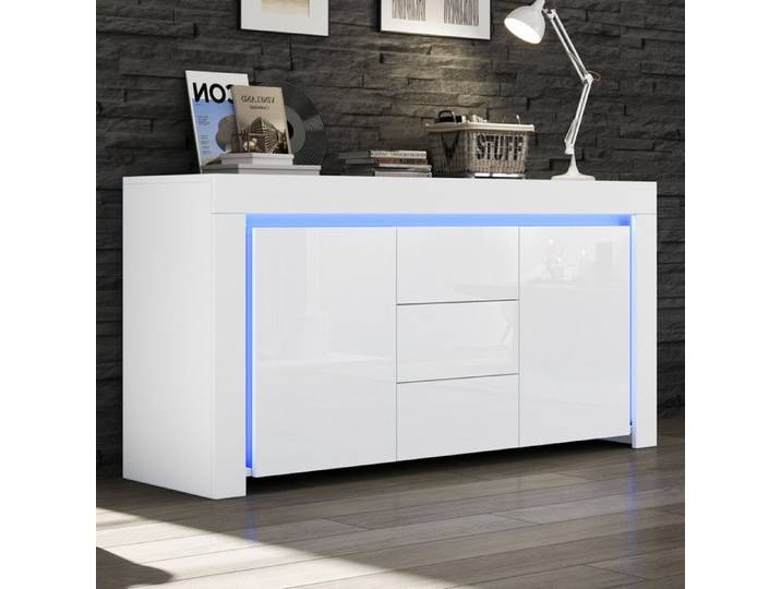 Buffet bas - Moderne - 140x40x65cm - Blanc - LED - 3 tiroirs - 2 portes