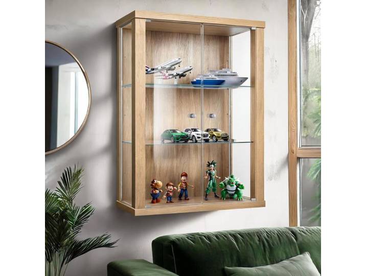 Vitrine murale suspendue 80x60x25cm 2 étagères réglables en verre trempé Hêtre