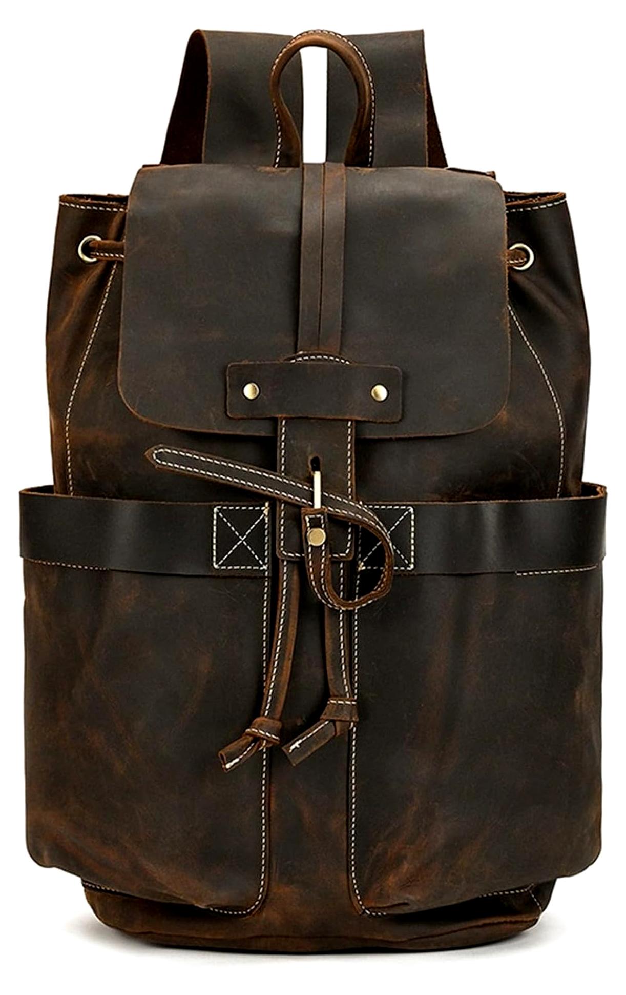 Herren-Lederrucksack, Umhängetasche und Klapprucksack für Camping, Outdoor und Sport, Dunkelbraun - 42x30x16cm