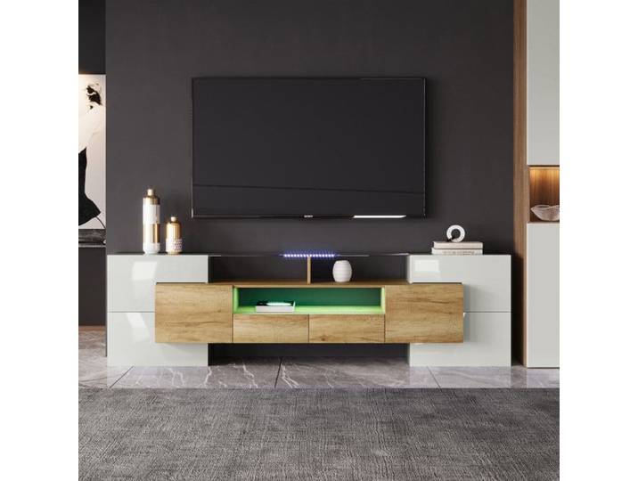 Meuble TV Haut 200cm - Blanc laqué - avec éclairage LED - 6 portes et 2 tiroirs - Design moderne - en Bois