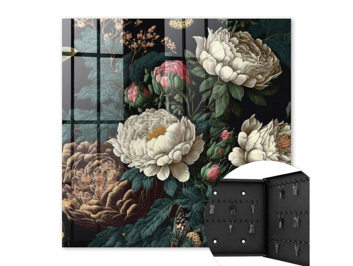 Tulup Schlüsselbox Schwarz 30x30 cm- Türöffnung nach rechts - Pfingstrosen, Grün, Metall, Floral, Rechteckig, 30x30x5 cm, Garderobe, Schlüsselkästen & Schlüsselboards