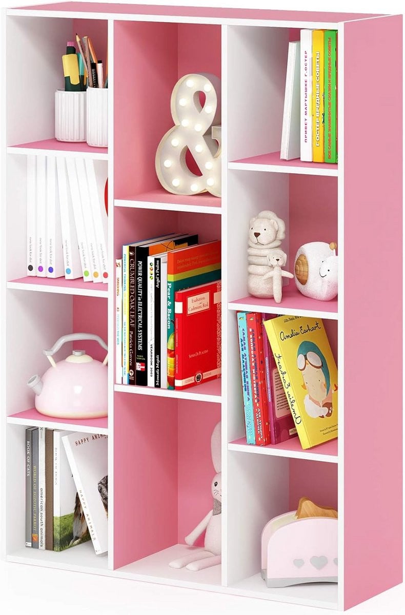 Omkeerbare Open Plank Boekenkast met 11 Cubes in Wit/Roze - Ruimtebesparend en Multifunctioneel
