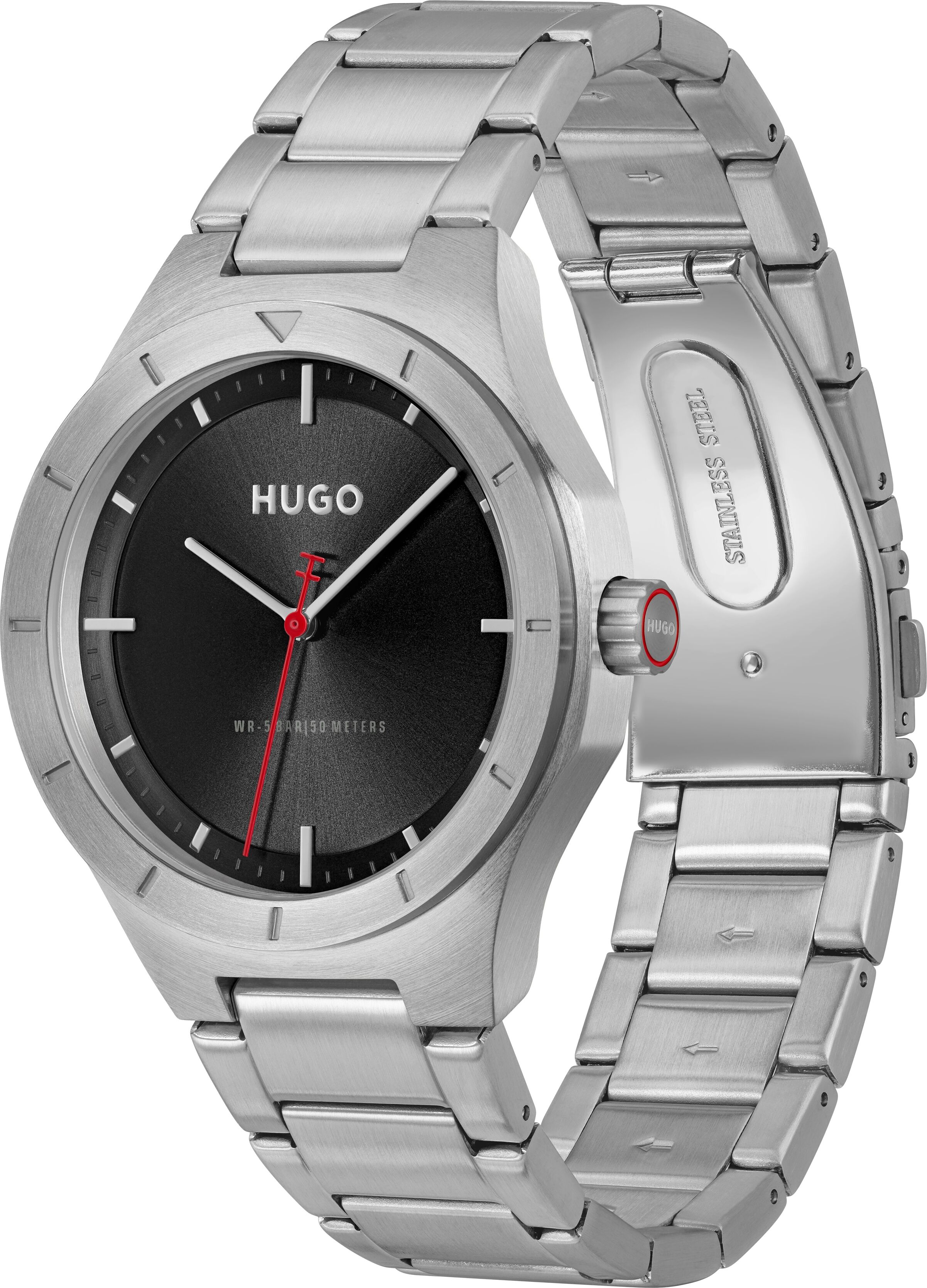 Quarzuhr HUGO "LIT", silber (silberfarben, schwarz, schwarz), Armbanduhren, Herren, silberfarben, Quarzuhr, Armbanduhr, Herrenuhr, Edelstahlarmband, analog