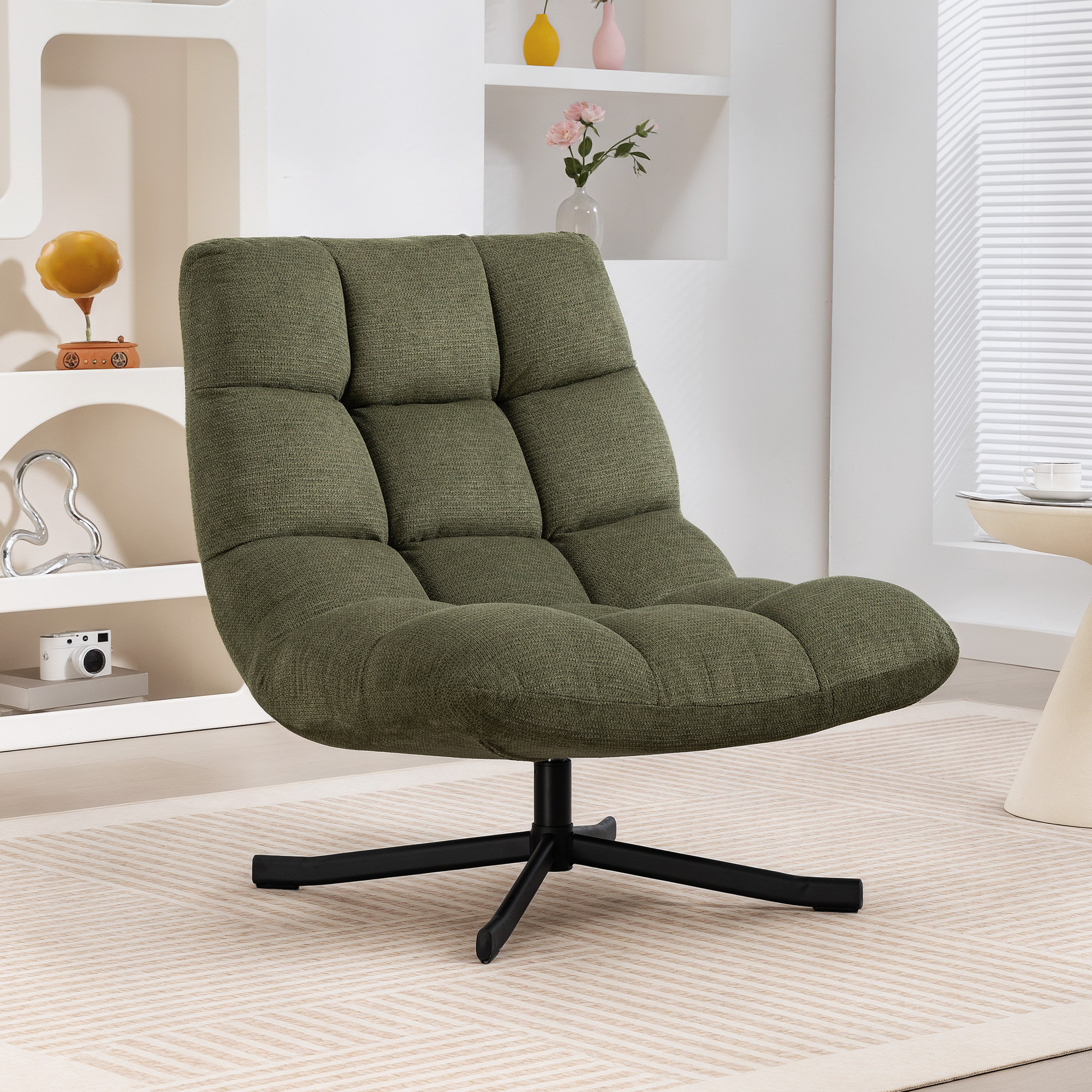 Homcom Poltrona Girevole Lounge con Ampia Seduta, Effetto Chenille Idrorepellente, Verde   Aosom Italy