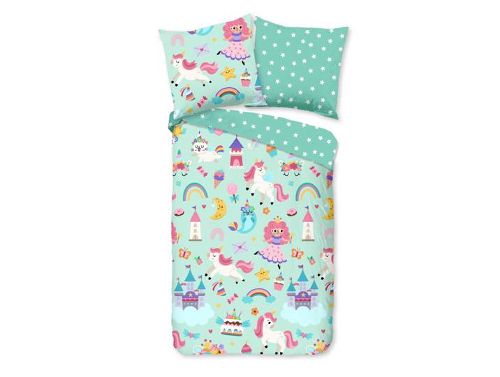Good Morning Kinderdekbedovertrek eenhoorn, prinses, regenboog - Mint - (135x200 cm) - Katoen