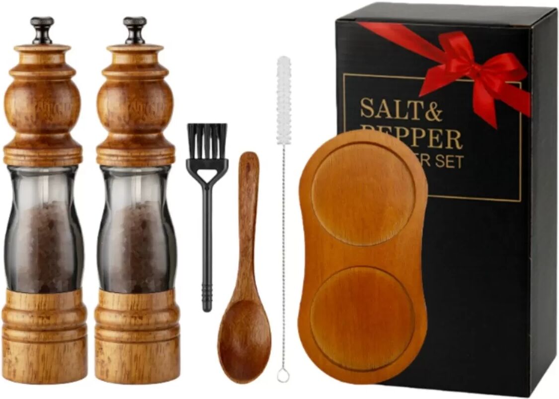 INF 8-Zoll 2-teiliges Pfeffermühlen-Set mit Eichenholzfuß, Holzlöffel & Reinigungsbürsten