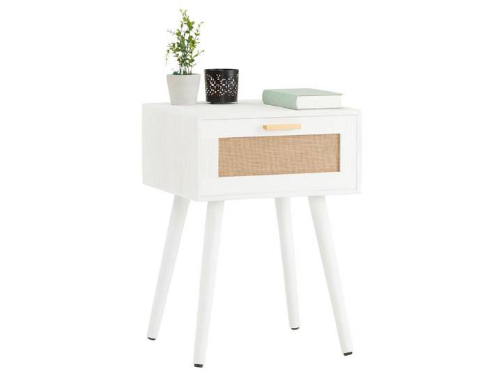 CARO-Möbel Nachttisch Kiran weiß, Weiß, Holz, Paulownia, Vintage, 40x57x36 cm, Schlafzimmer, Nachtkästchen
