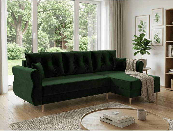 ANGEBOT Ausziehbares beidseitiges Ecksofa L SILVIANO 230x140 cm, dunkelgrün II. Wahl