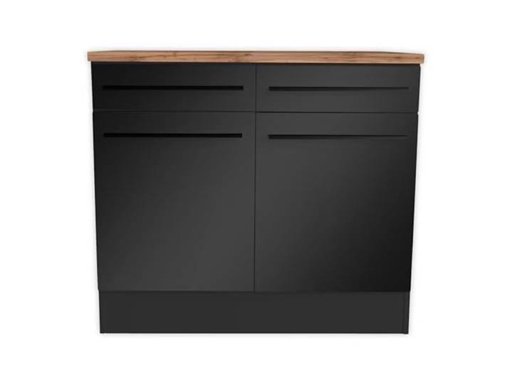 Jazz Moderner Küchenunterschrank 2-türig in Schwarz matt, Lanzelot Eiche Optik - Geräumiger Unterschrank Küche mit viel Stauraum - 100 x 90 x 60 cm (B/H/T)