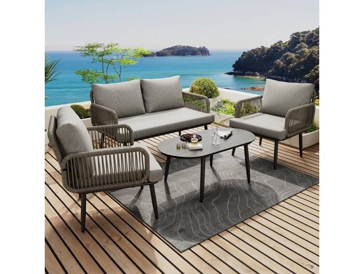 Salon de Jardin Exterieur 4 Personnes Table de Jardin Exterieur avec Chaise Canapé 4 Places avec Table Basse et Coussins Gris